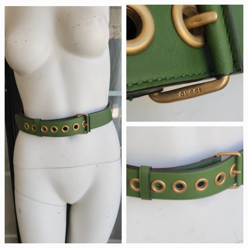 Gucci Green and Gold Leather Belt with Vintage Hardware
